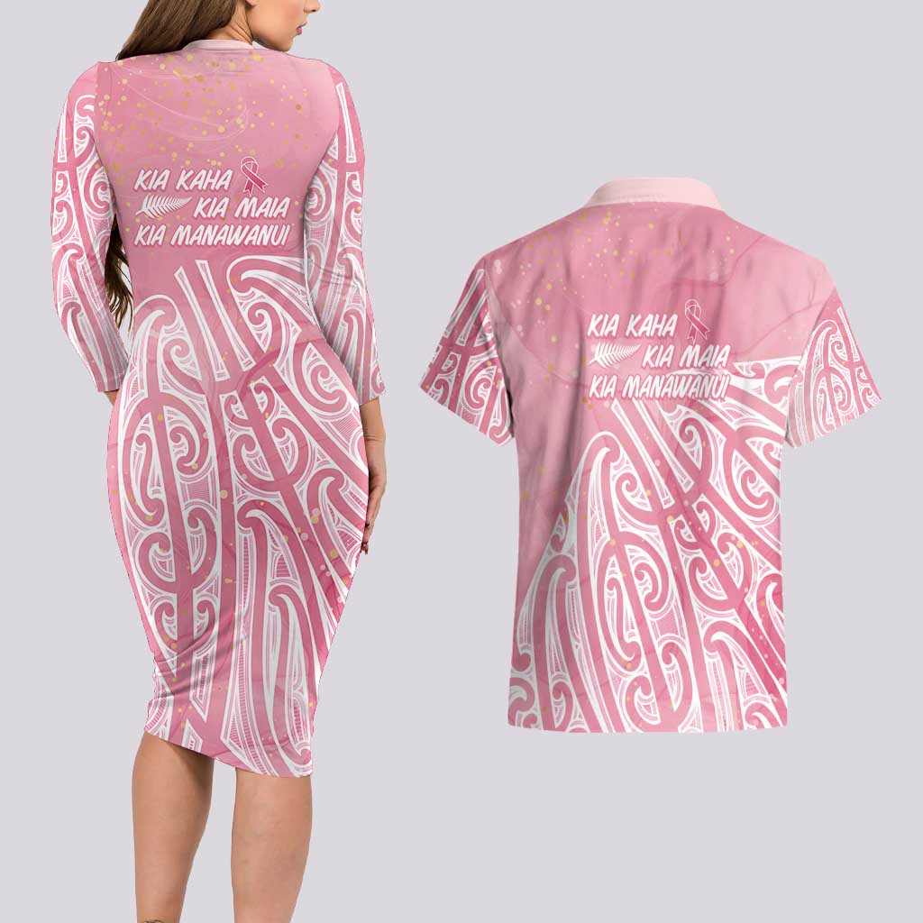Breast Cancer Awareness Maori Couples Matching Long Sleeve Bodycon Dress and Hawaiian Shirt Kia Kaha Kia Maia Kia Manawanui - Polynesian Pride