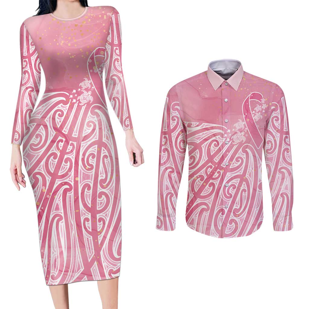 Breast Cancer Awareness Maori Couples Matching Long Sleeve Bodycon Dress and Long Sleeve Button Shirt Kia Kaha Kia Maia Kia Manawanui - Polynesian Pride