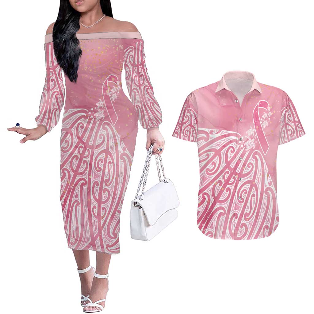 Breast Cancer Awareness Maori Couples Matching Off The Shoulder Long Sleeve Dress and Hawaiian Shirt Kia Kaha Kia Maia Kia Manawanui - Polynesian Pride