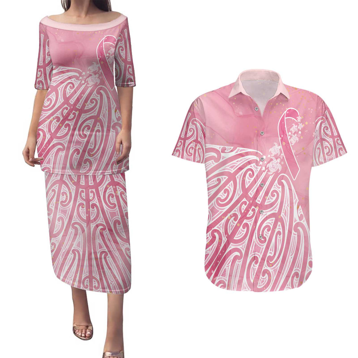 Breast Cancer Awareness Maori Couples Matching Puletasi and Hawaiian Shirt Kia Kaha Kia Maia Kia Manawanui - Polynesian Pride