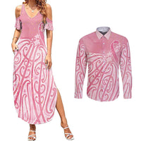 Breast Cancer Awareness Maori Couples Matching Summer Maxi Dress and Long Sleeve Button Shirt Kia Kaha Kia Maia Kia Manawanui - Polynesian Pride