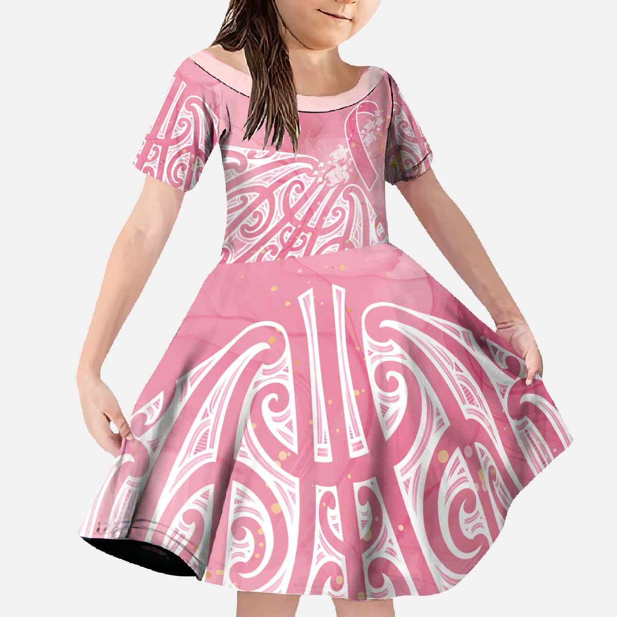 Breast Cancer Awareness Maori Family Matching Off The Shoulder Long Sleeve Dress and Hawaiian Shirt Kia Kaha Kia Maia Kia Manawanui - Polynesian Pride