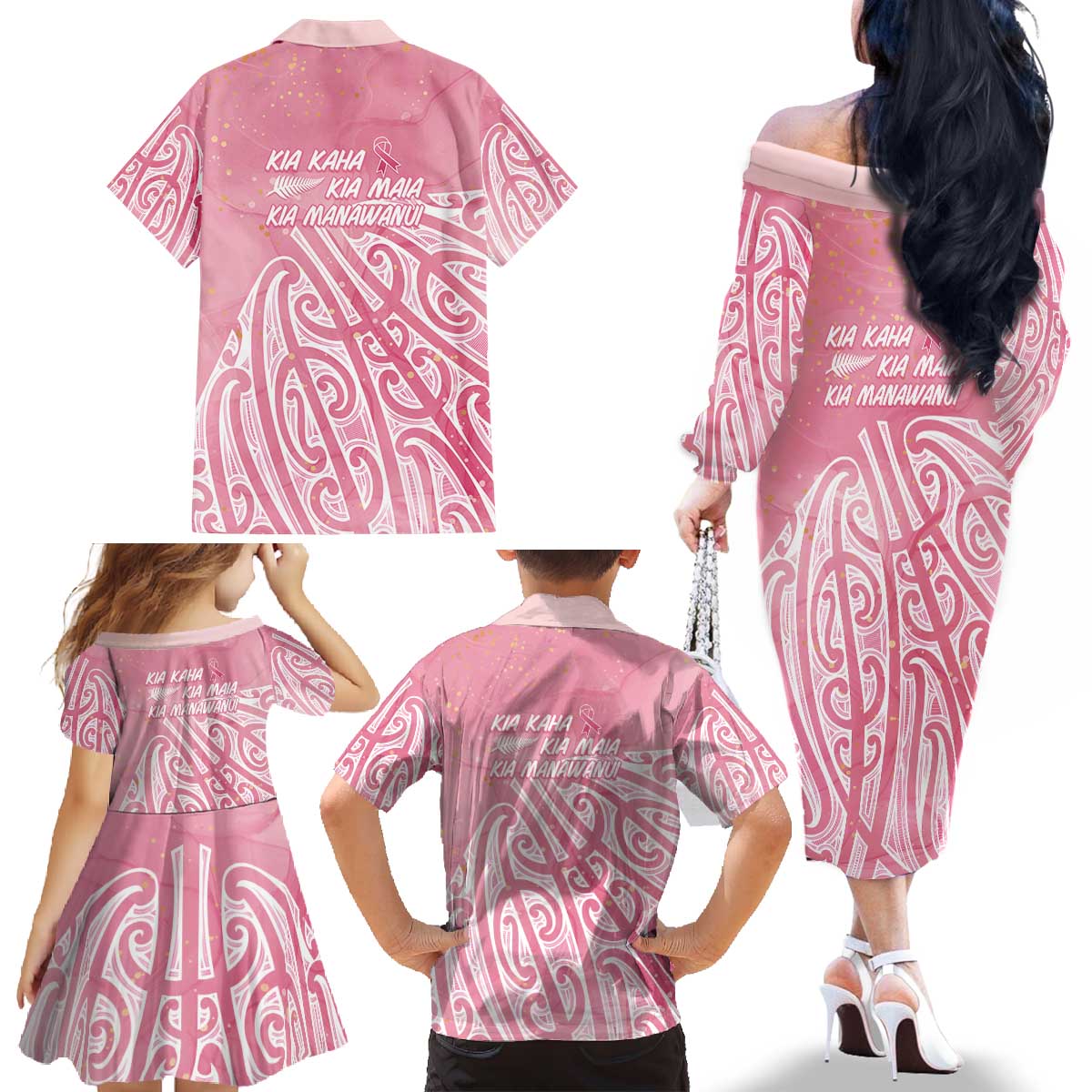 Breast Cancer Awareness Maori Family Matching Off The Shoulder Long Sleeve Dress and Hawaiian Shirt Kia Kaha Kia Maia Kia Manawanui - Polynesian Pride