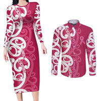 Breast Cancer Awareness Maori Couples Matching Long Sleeve Bodycon Dress and Long Sleeve Button Shirt Koru Kowhaiwhai - Polynesian Pride