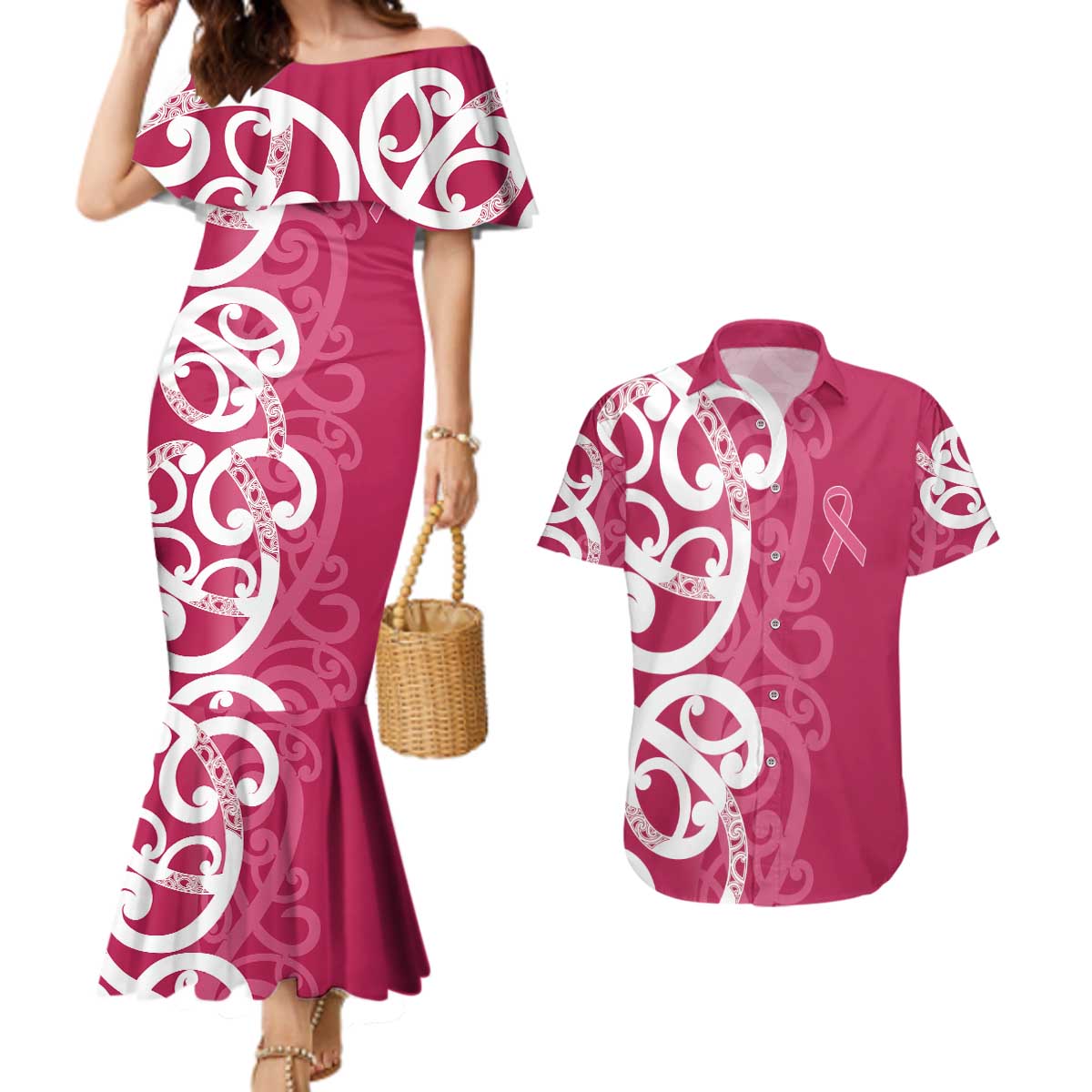 Breast Cancer Awareness Maori Couples Matching Mermaid Dress and Hawaiian Shirt Koru Kowhaiwhai - Polynesian Pride