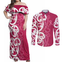 Breast Cancer Awareness Maori Couples Matching Off Shoulder Maxi Dress and Long Sleeve Button Shirt Koru Kowhaiwhai - Polynesian Pride