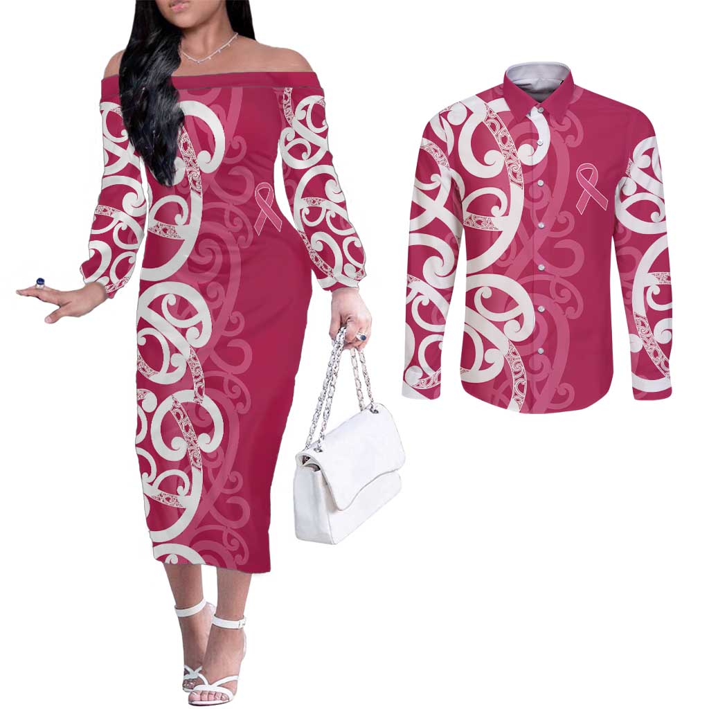 Breast Cancer Awareness Maori Couples Matching Off The Shoulder Long Sleeve Dress and Long Sleeve Button Shirt Koru Kowhaiwhai - Polynesian Pride