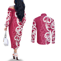 Breast Cancer Awareness Maori Couples Matching Off The Shoulder Long Sleeve Dress and Long Sleeve Button Shirt Koru Kowhaiwhai - Polynesian Pride