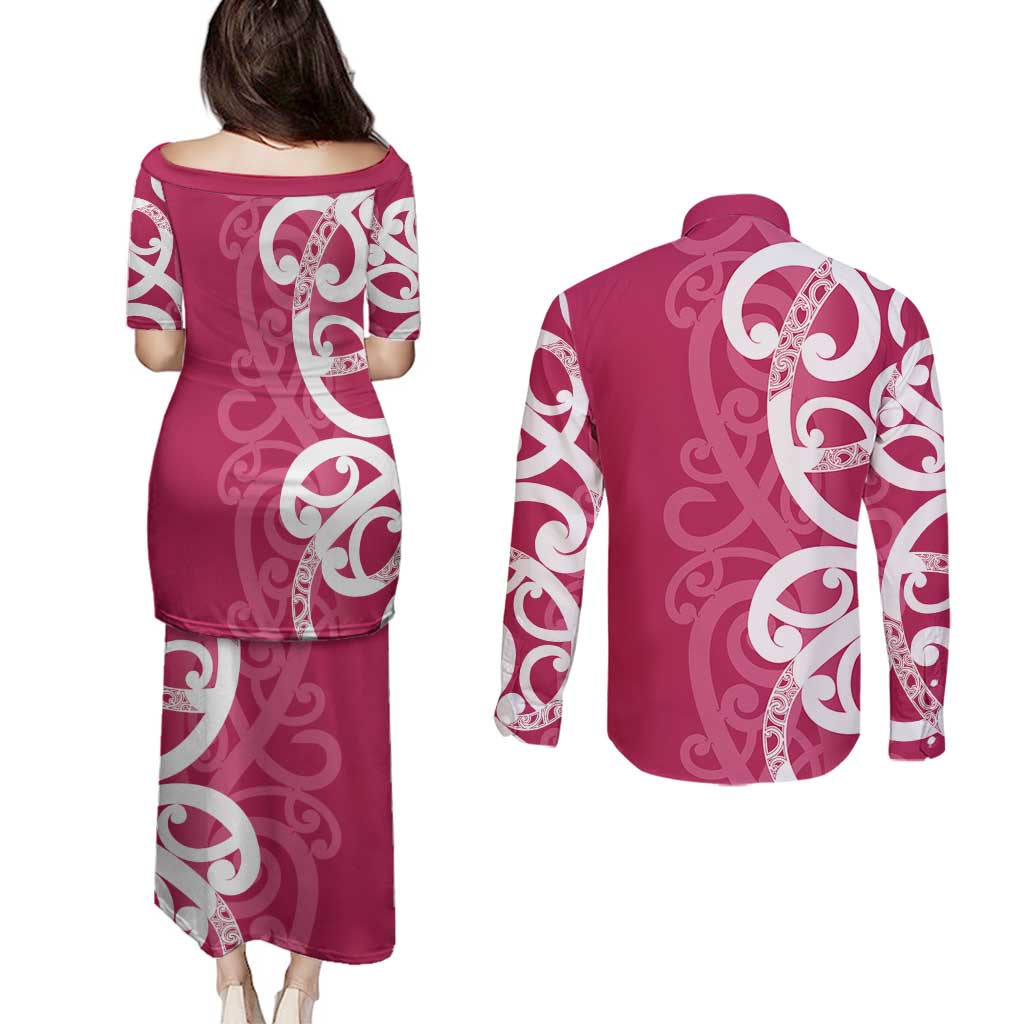Breast Cancer Awareness Maori Couples Matching Puletasi and Long Sleeve Button Shirt Koru Kowhaiwhai - Polynesian Pride