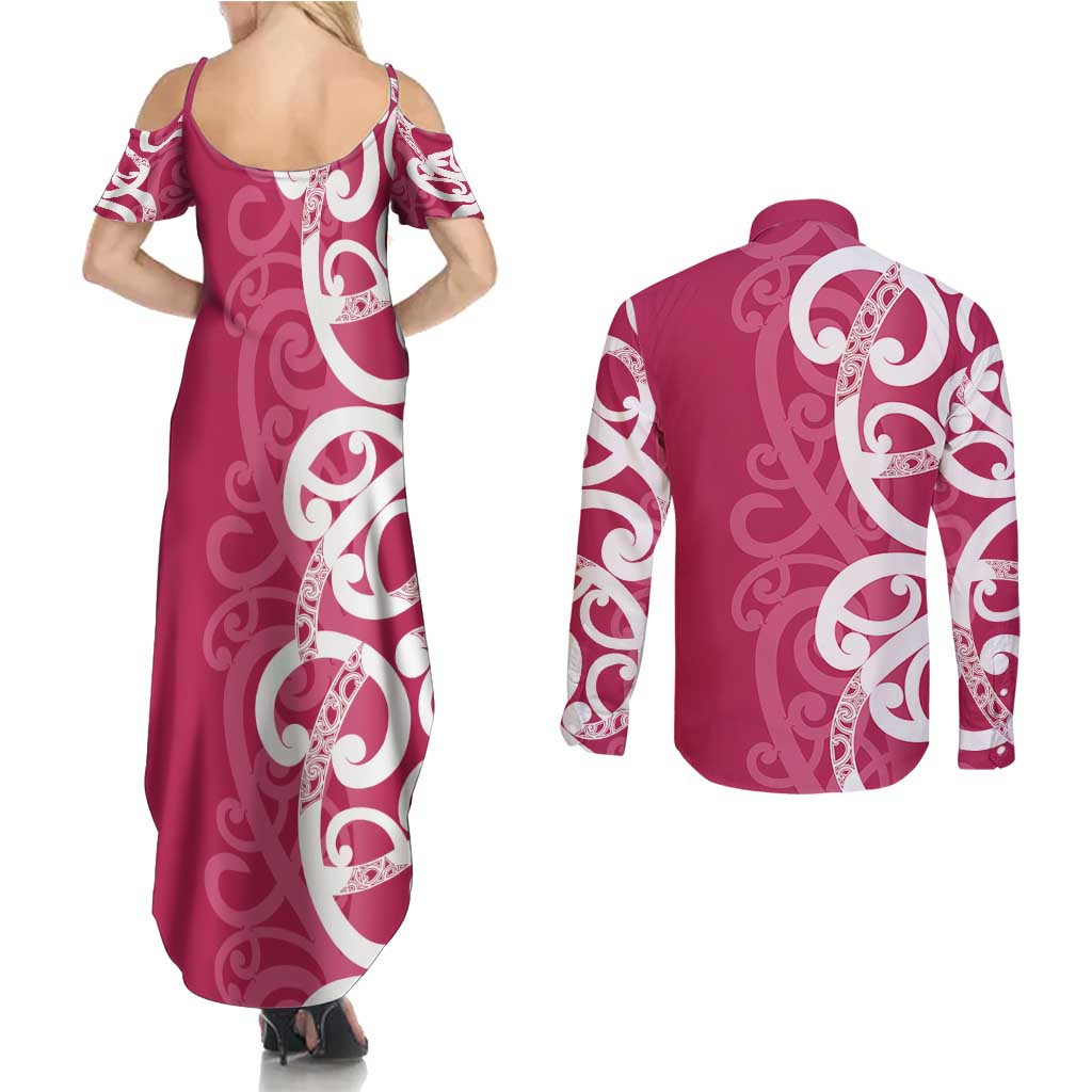 Breast Cancer Awareness Maori Couples Matching Summer Maxi Dress and Long Sleeve Button Shirt Koru Kowhaiwhai - Polynesian Pride