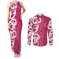 Breast Cancer Awareness Maori Couples Matching Tank Maxi Dress and Long Sleeve Button Shirt Koru Kowhaiwhai - Polynesian Pride