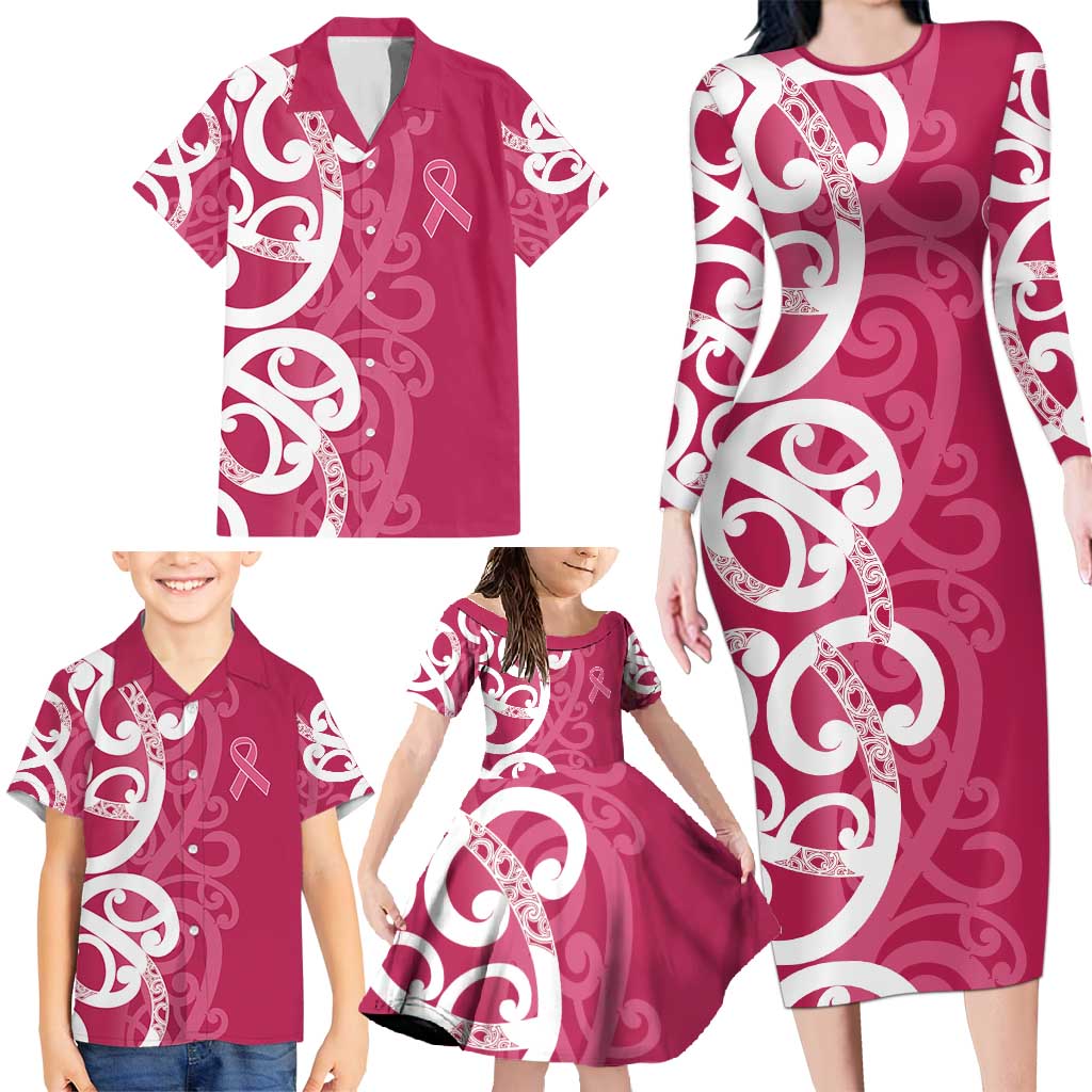 Breast Cancer Awareness Maori Family Matching Long Sleeve Bodycon Dress and Hawaiian Shirt Koru Kowhaiwhai - Polynesian Pride