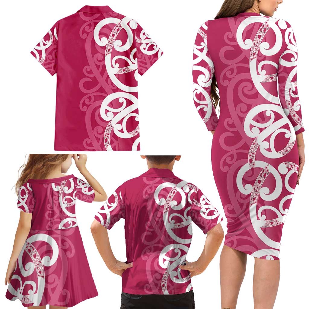 Breast Cancer Awareness Maori Family Matching Long Sleeve Bodycon Dress and Hawaiian Shirt Koru Kowhaiwhai - Polynesian Pride