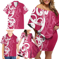 Breast Cancer Awareness Maori Family Matching Off Shoulder Short Dress and Hawaiian Shirt Koru Kowhaiwhai - Polynesian Pride