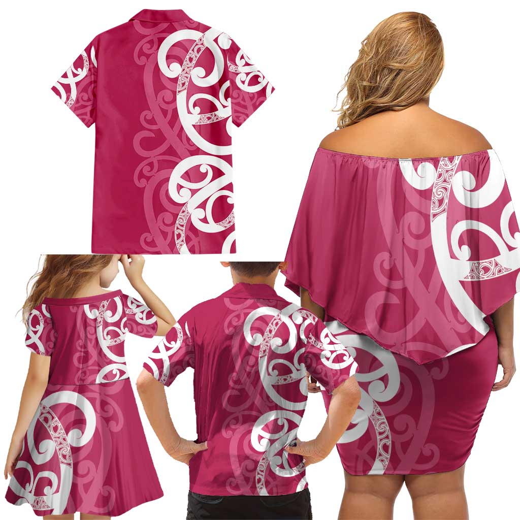 Breast Cancer Awareness Maori Family Matching Off Shoulder Short Dress and Hawaiian Shirt Koru Kowhaiwhai - Polynesian Pride