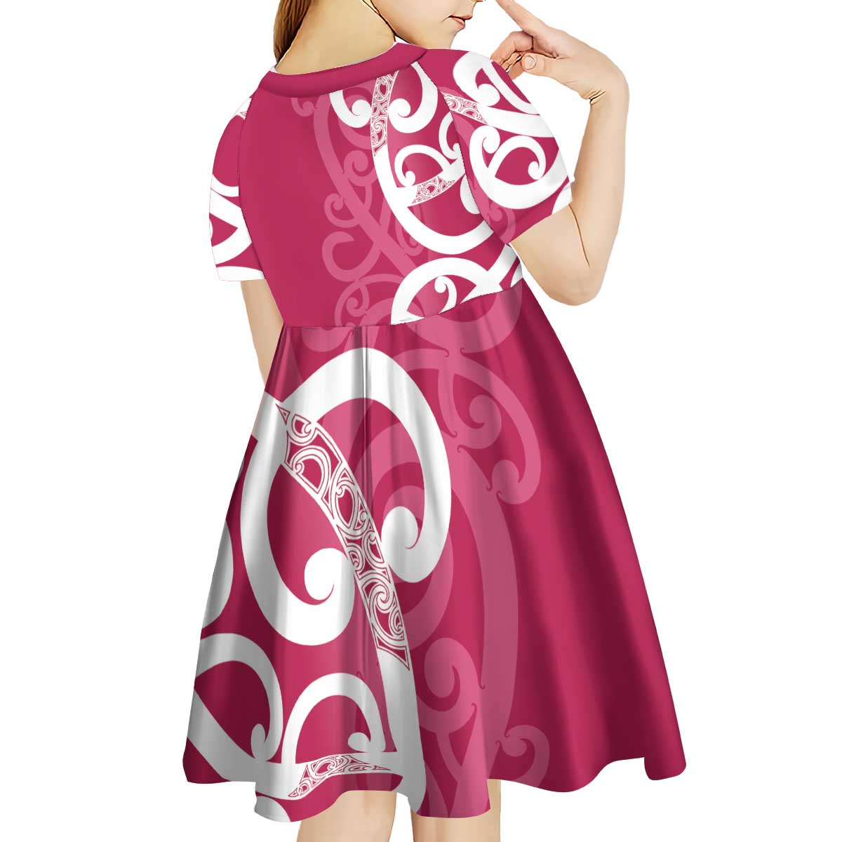 Breast Cancer Awareness Maori Kid Short Sleeve Dress Koru Kowhaiwhai - Polynesian Pride