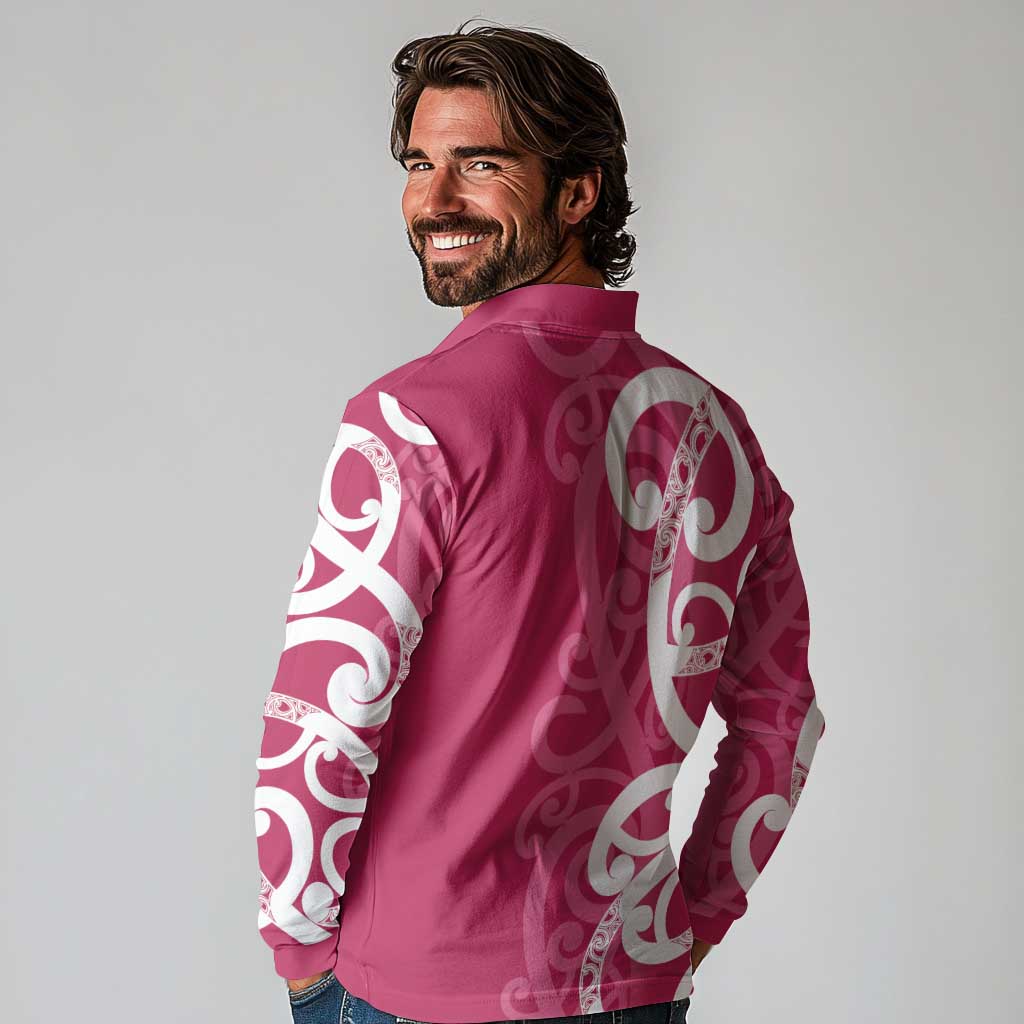 Breast Cancer Awareness Maori Long Sleeve Polo Shirt Koru Kowhaiwhai - Polynesian Pride