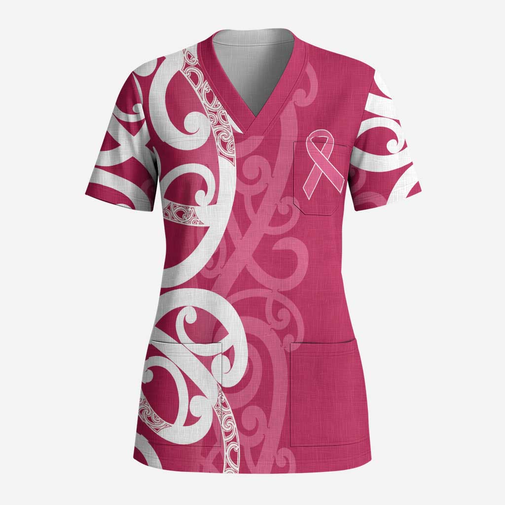 Breast Cancer Awareness Maori Scrub Top Koru Kowhaiwhai - Polynesian Pride