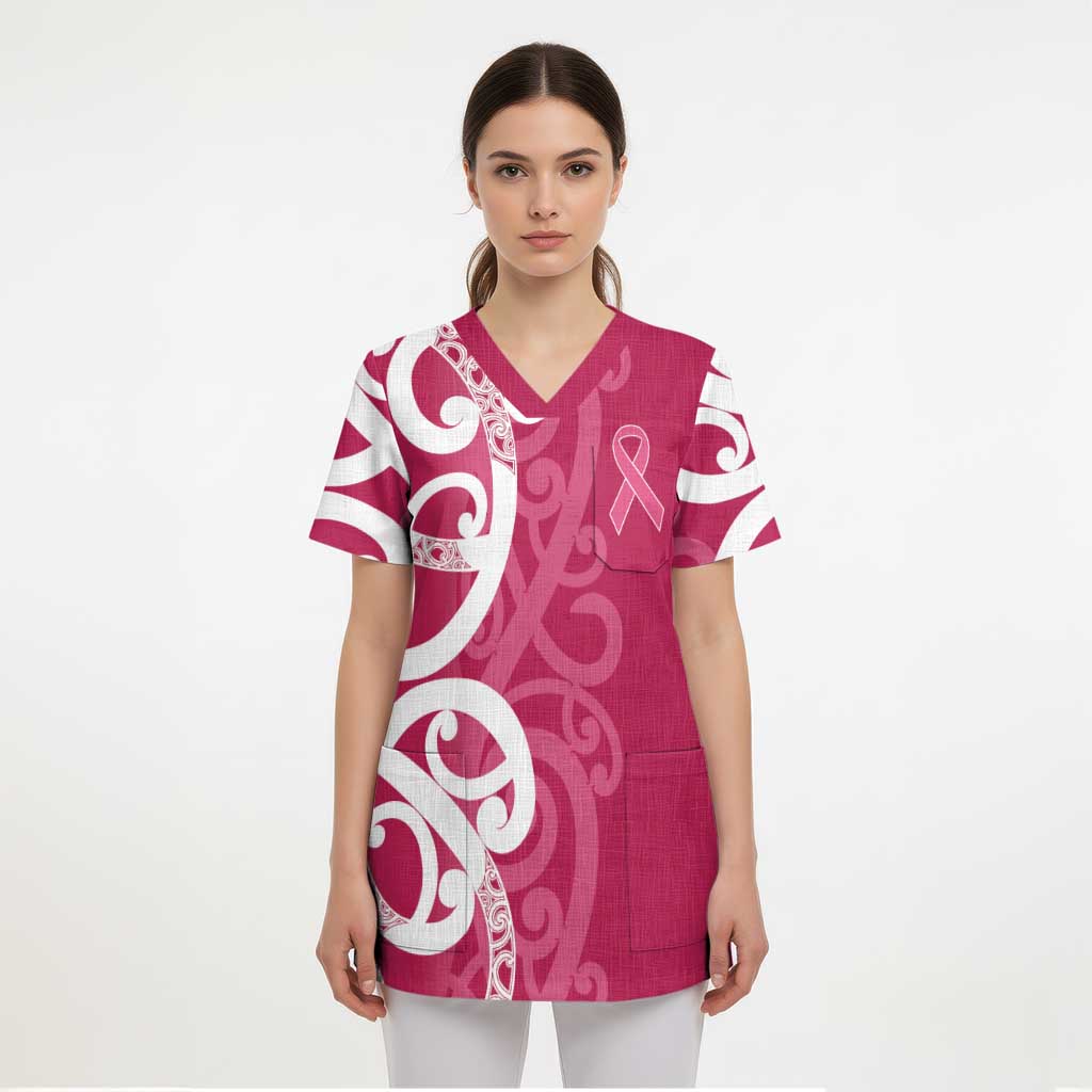 Breast Cancer Awareness Maori Scrub Top Koru Kowhaiwhai - Polynesian Pride