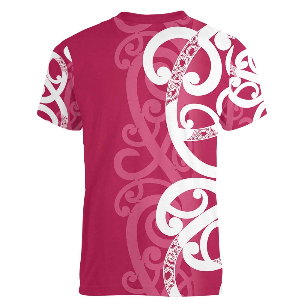 Breast Cancer Awareness Maori Women V-Neck T-Shirt Koru Kowhaiwhai - Polynesian Pride