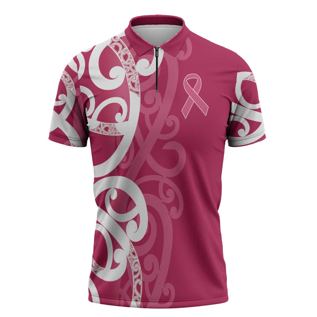 Breast Cancer Awareness Maori Zipper Polo Shirt Koru Kowhaiwhai - Polynesian Pride