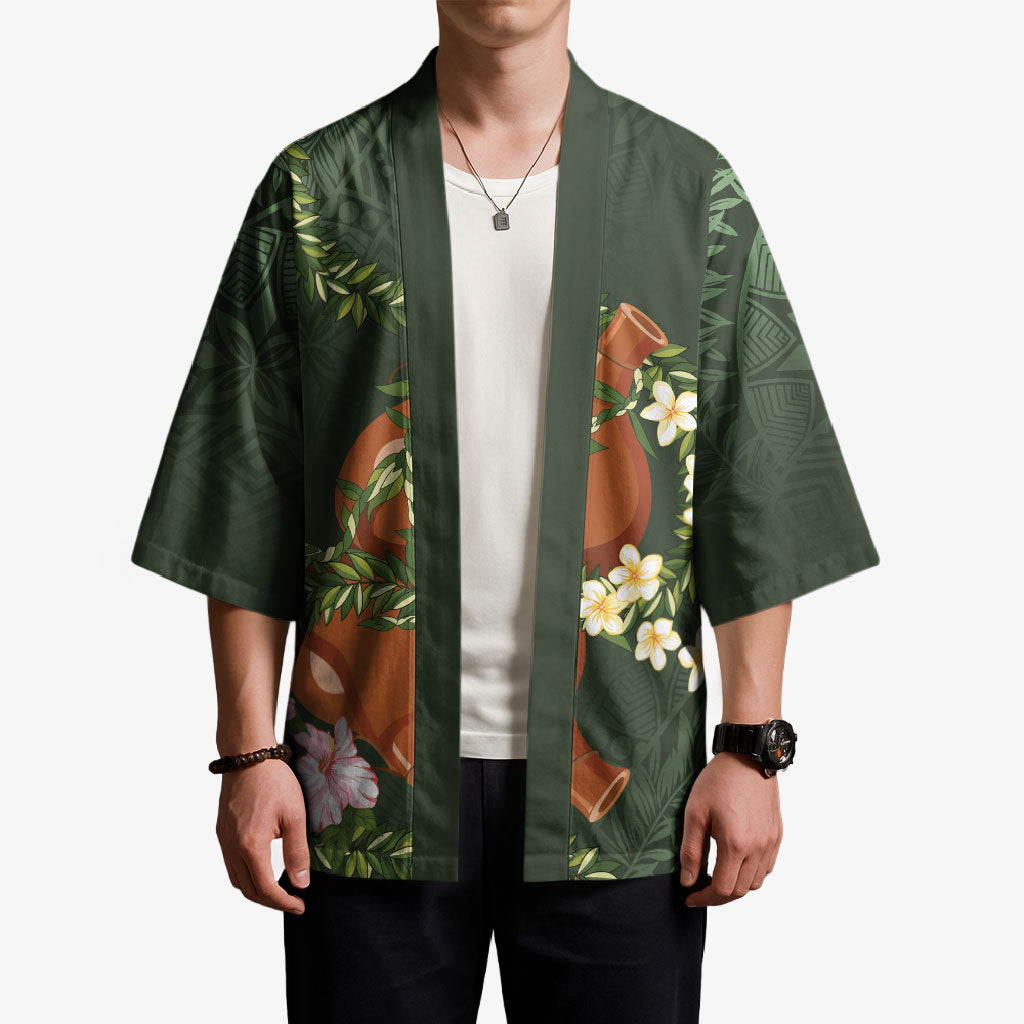 Aloha Hawaii Ipu Gourd Mix Maile Lei Kimono Sage Green LT7 - Polynesian Pride