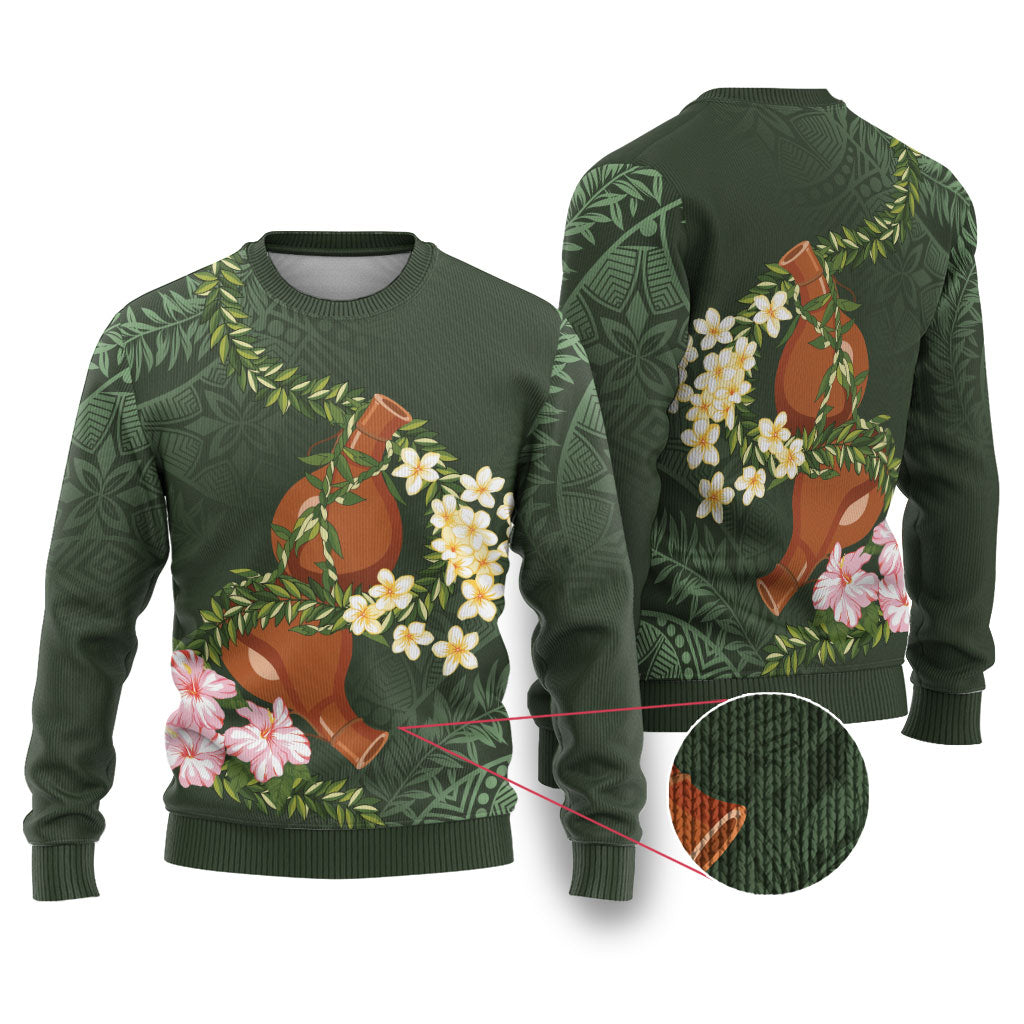 Aloha Hawaii Ipu Gourd Mix Maile Lei Ugly Christmas Sweater Sage Green LT7 Sage Green - Polynesian Pride