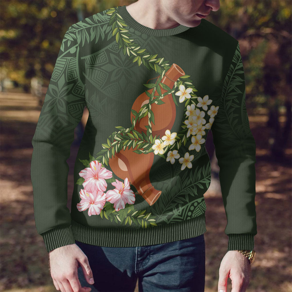 Aloha Hawaii Ipu Gourd Mix Maile Lei Ugly Christmas Sweater Sage Green LT7 - Polynesian Pride