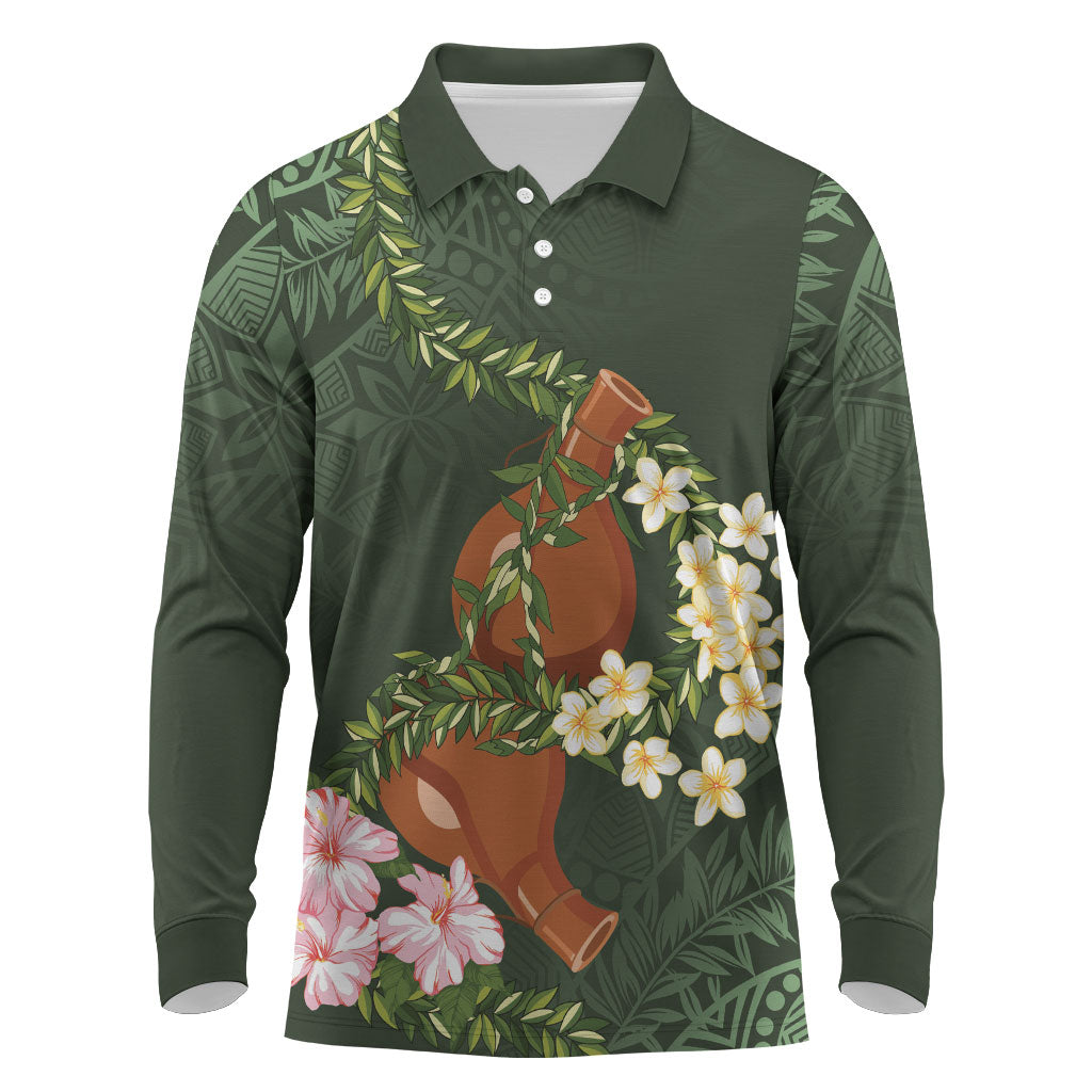 Aloha Hawaii Ipu Gourd Mix Maile Lei Long Sleeve Polo Shirt Sage Green LT7 Sage Green - Polynesian Pride