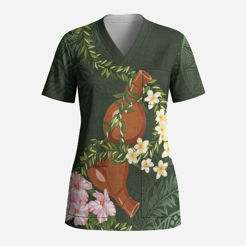 Aloha Hawaii Ipu Gourd Mix Maile Lei Scrub Top Sage Green LT7 Adult Sage Green - Polynesian Pride