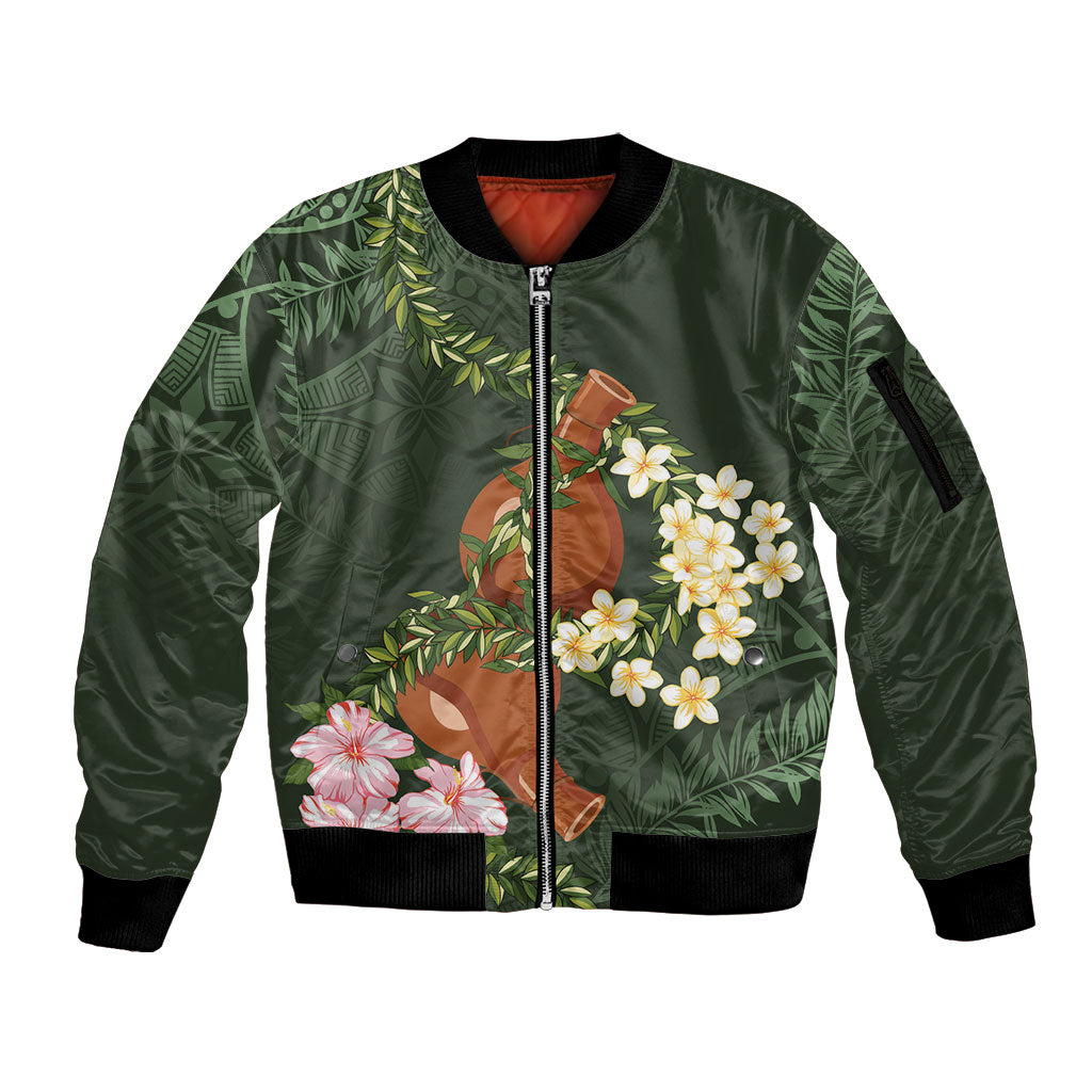 Aloha Hawaii Ipu Gourd Mix Maile Lei Sleeve Zip Bomber Jacket Sage Green LT7 Unisex Sage Green - Polynesian Pride