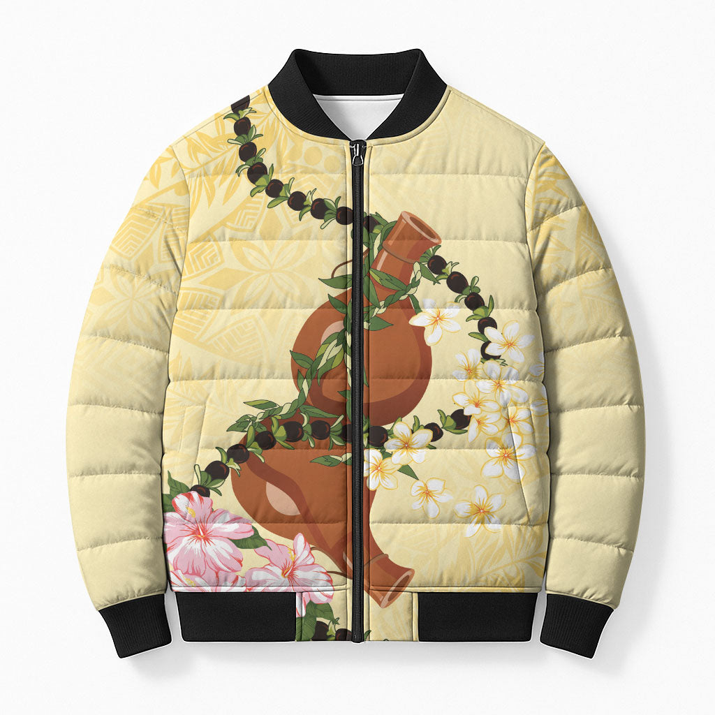 Aloha Hawaii Ipu Gourd Mix Kukui Nut Lei Bomber Puffer Jacket Lemon Yellow LT7 Unisex Lemon Yellow - Polynesian Pride