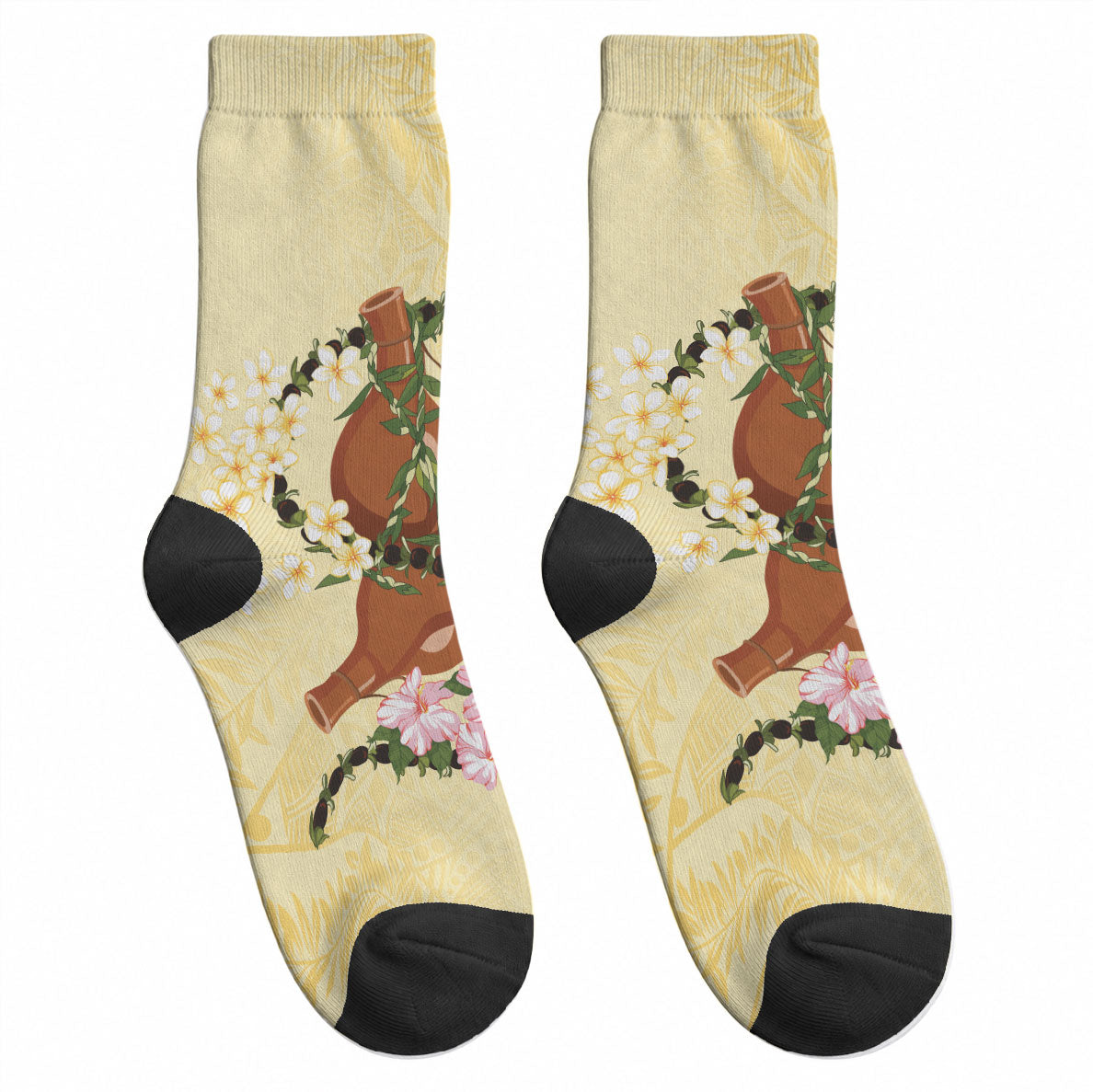 Aloha Hawaii Ipu Gourd Mix Kukui Nut Lei Crew Socks Lemon Yellow LT7 - Polynesian Pride