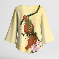 Aloha Hawaii Ipu Gourd Mix Kukui Nut Lei Kimono Sleeve Blouse Lemon Yellow LT7 - Polynesian Pride