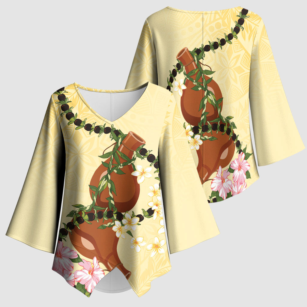 Aloha Hawaii Ipu Gourd Mix Kukui Nut Lei Kimono Sleeve Blouse Lemon Yellow LT7 - Polynesian Pride