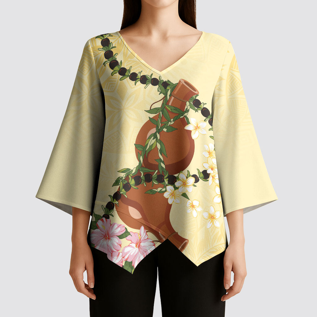 Aloha Hawaii Ipu Gourd Mix Kukui Nut Lei Kimono Sleeve Blouse Lemon Yellow LT7 - Polynesian Pride