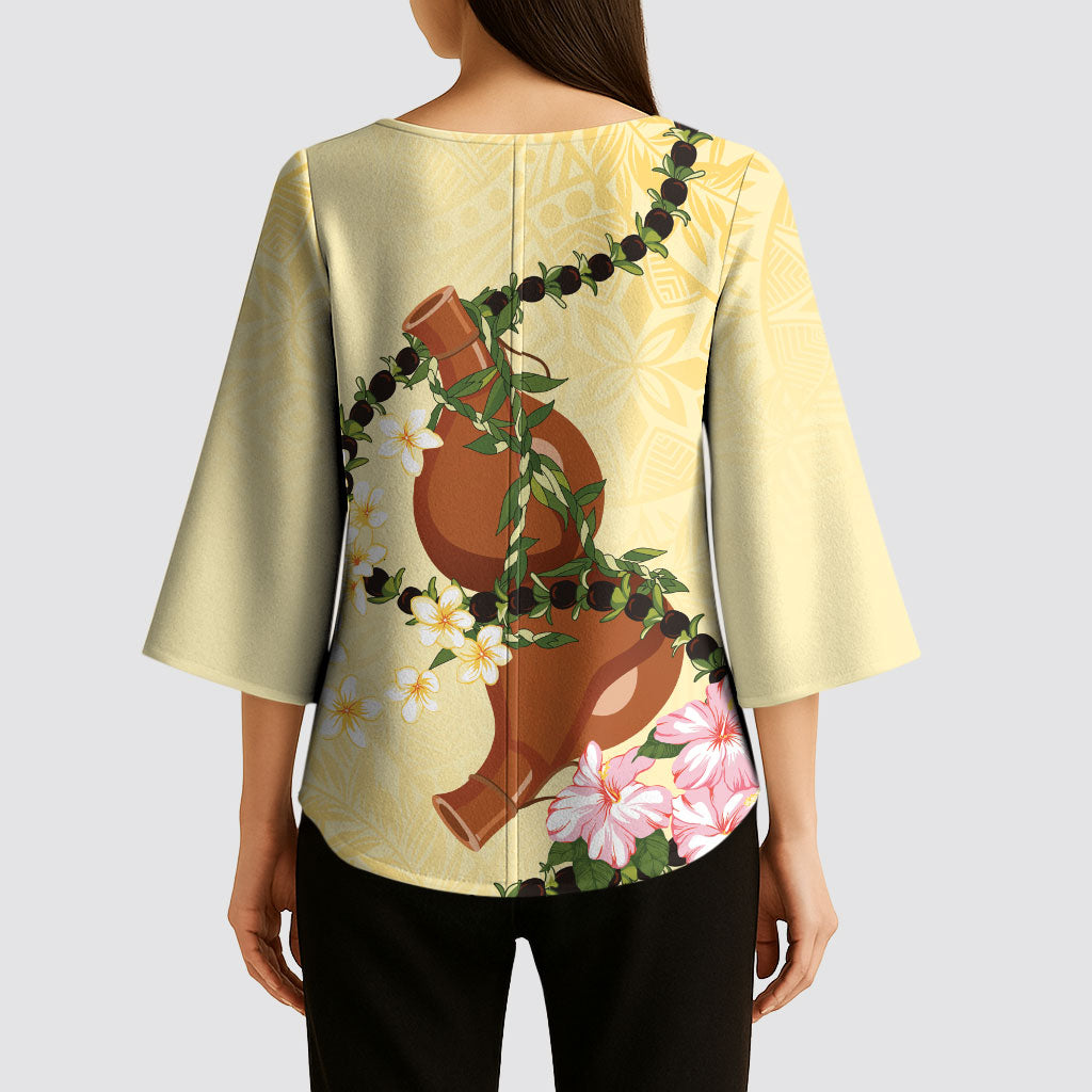 Aloha Hawaii Ipu Gourd Mix Kukui Nut Lei Kimono Sleeve Blouse Lemon Yellow LT7 - Polynesian Pride