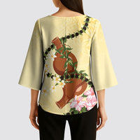 Aloha Hawaii Ipu Gourd Mix Kukui Nut Lei Kimono Sleeve Blouse Lemon Yellow LT7 - Polynesian Pride