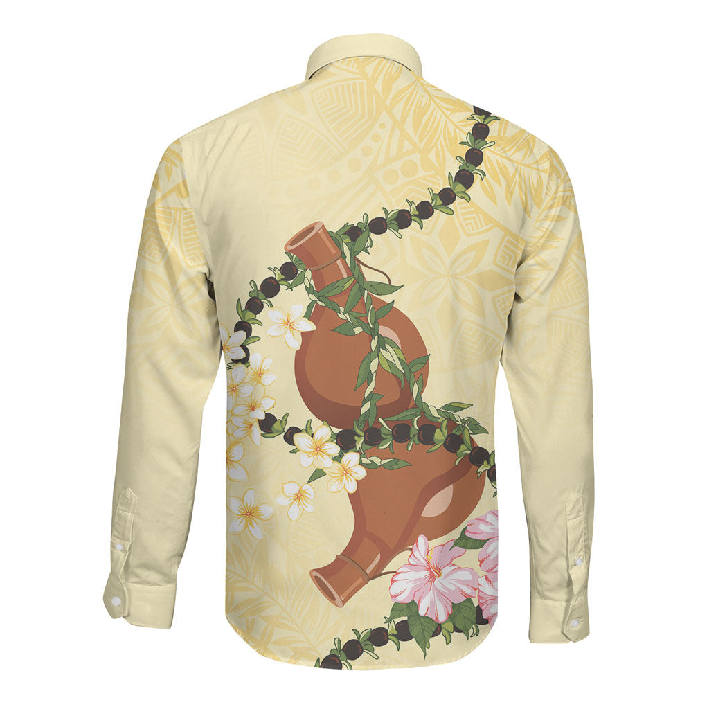 Aloha Hawaii Ipu Gourd Mix Kukui Nut Lei Long Sleeve Button Shirt Lemon Yellow LT7 - Polynesian Pride