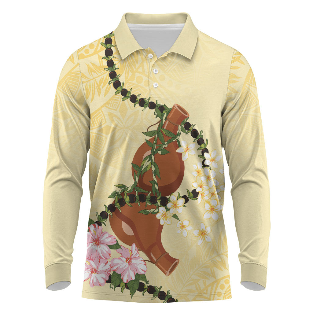 Aloha Hawaii Ipu Gourd Mix Kukui Nut Lei Long Sleeve Polo Shirt Lemon Yellow LT7 Lemon Yellow - Polynesian Pride