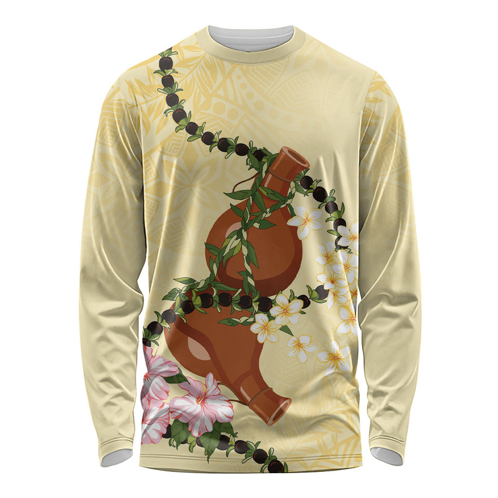 Aloha Hawaii Ipu Gourd Mix Kukui Nut Lei Long Sleeve Shirt Lemon Yellow LT7 Unisex Lemon Yellow - Polynesian Pride