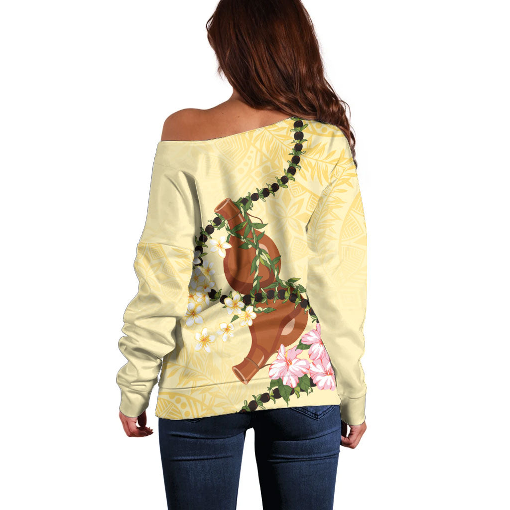 Aloha Hawaii Ipu Gourd Mix Kukui Nut Lei Off Shoulder Sweater Lemon Yellow LT7 - Polynesian Pride
