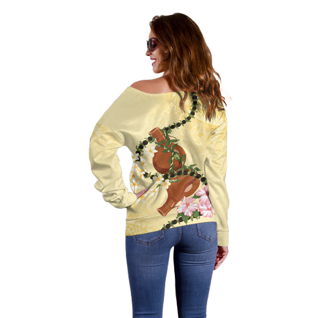 Aloha Hawaii Ipu Gourd Mix Kukui Nut Lei Off Shoulder Sweater Lemon Yellow LT7 - Polynesian Pride