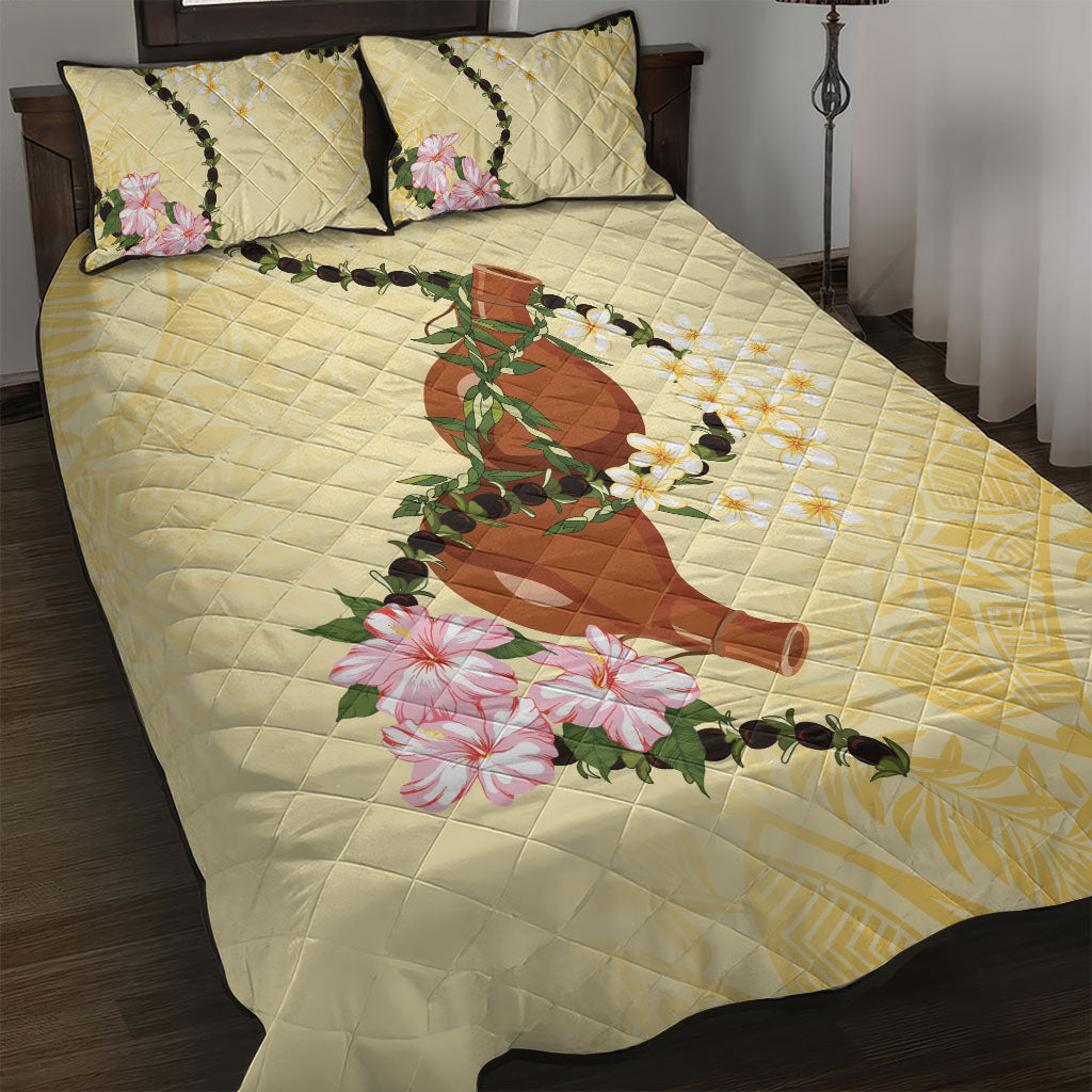 Aloha Hawaii Ipu Gourd Mix Kukui Nut Lei Quilt Bed Set Lemon Yellow LT7 Lemon Yellow - Polynesian Pride
