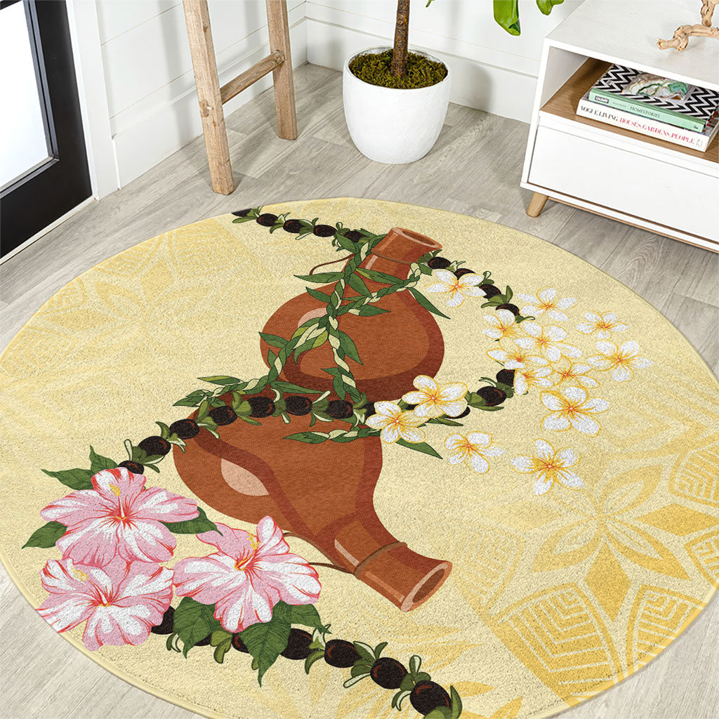 Aloha Hawaii Ipu Gourd Mix Kukui Nut Lei Round Carpet Lemon Yellow LT7 Lemon Yellow - Polynesian Pride