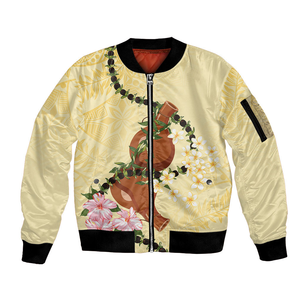 Aloha Hawaii Ipu Gourd Mix Kukui Nut Lei Sleeve Zip Bomber Jacket Lemon Yellow LT7 Unisex Lemon Yellow - Polynesian Pride
