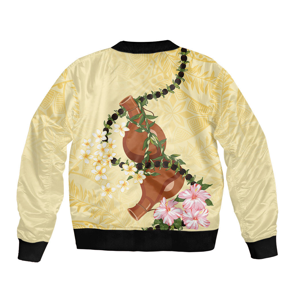Aloha Hawaii Ipu Gourd Mix Kukui Nut Lei Sleeve Zip Bomber Jacket Lemon Yellow LT7 - Polynesian Pride