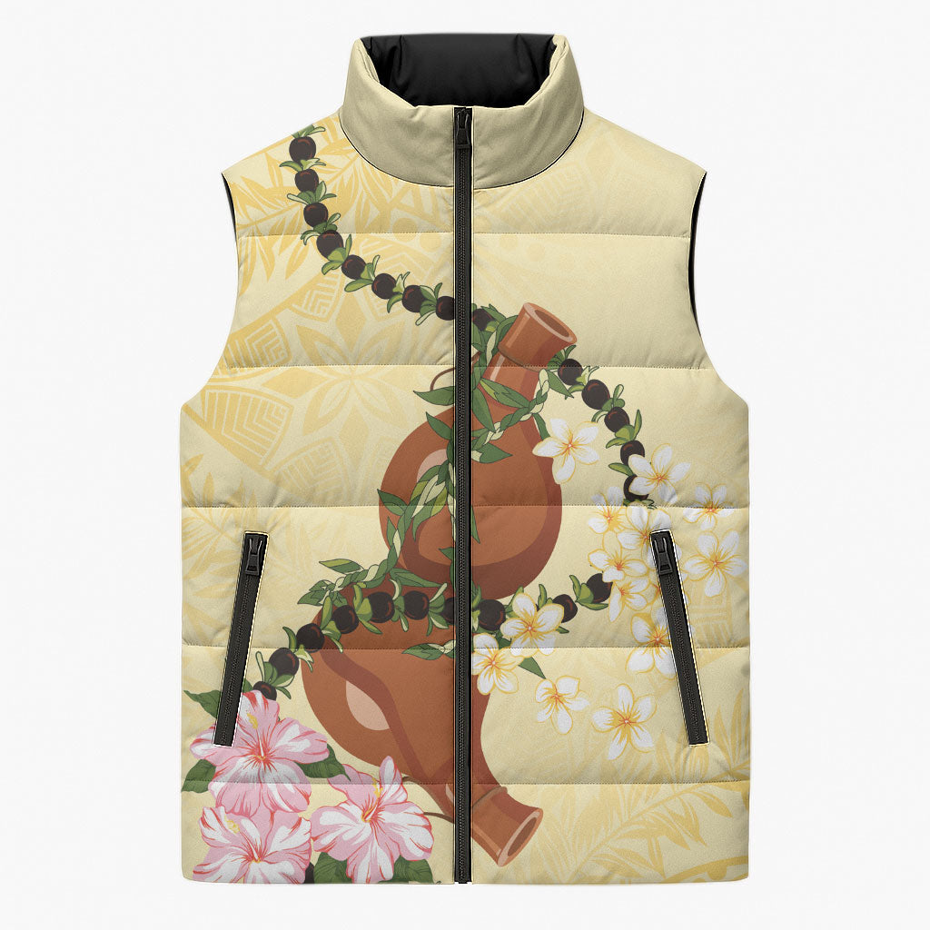 Aloha Hawaii Ipu Gourd Mix Kukui Nut Lei Sleeveless Puffer Jacket Lemon Yellow LT7 Unisex Lemon Yellow - Polynesian Pride