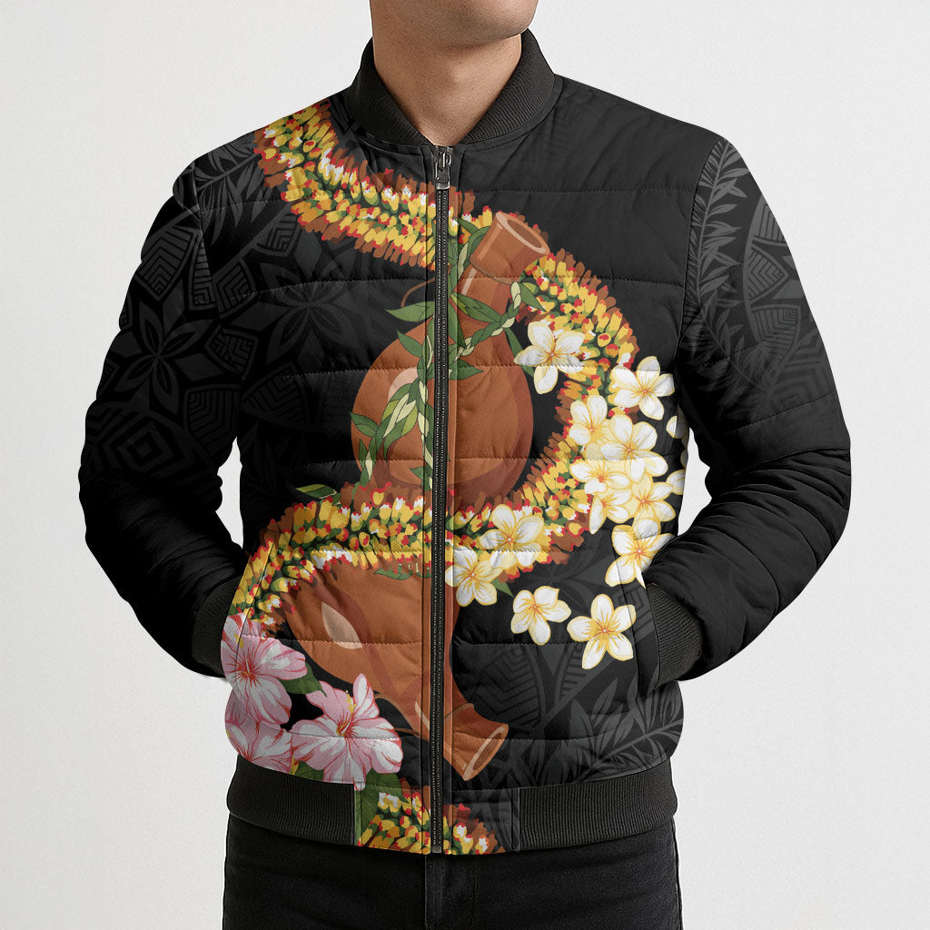 Aloha Hawaii Ipu Gourd Mix ʻĀkulikuli Lei Bomber Puffer Jacket Obsidian Black LT7 - Polynesian Pride