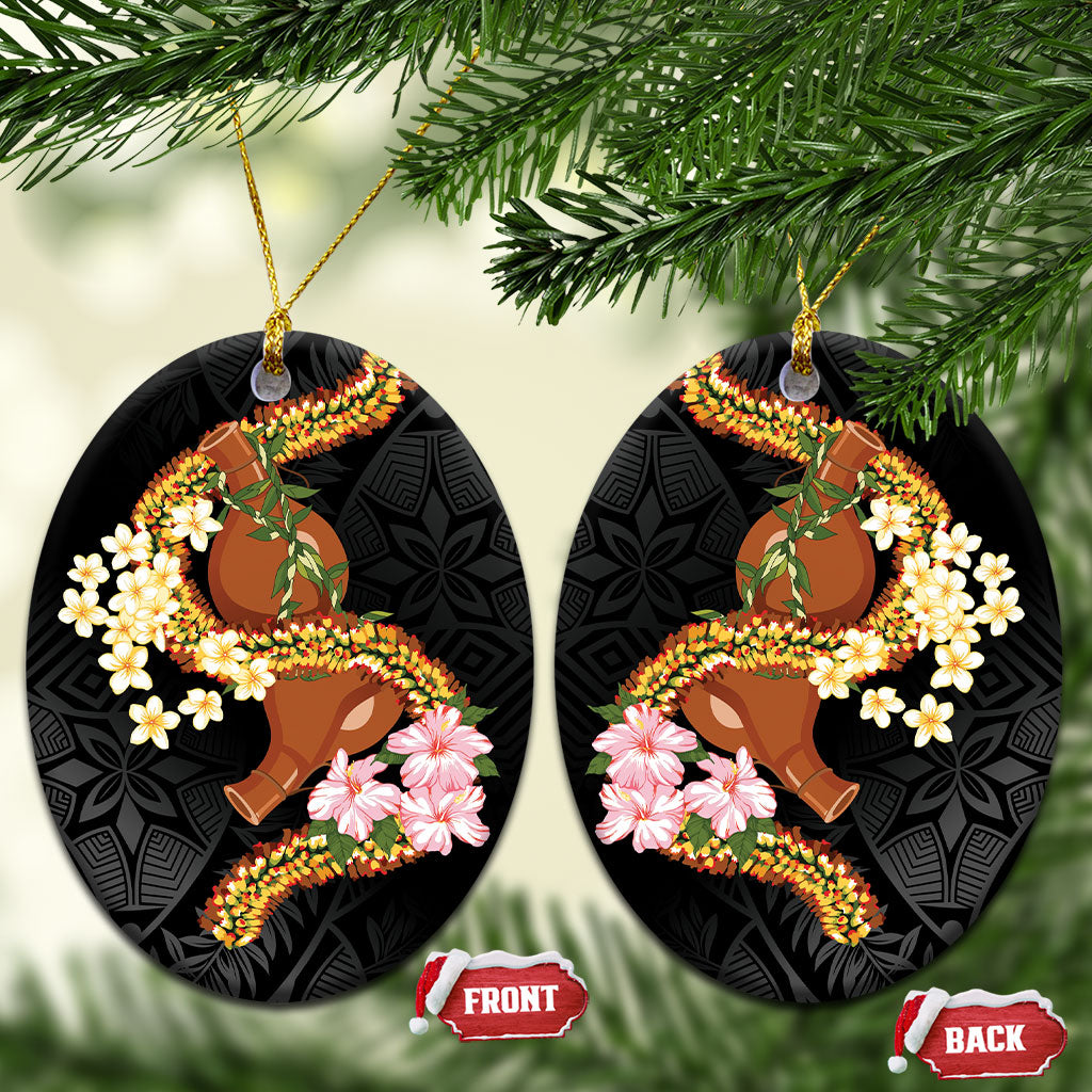 Aloha Hawaii Ipu Gourd Mix ʻĀkulikuli Lei Ceramic Ornament Obsidian Black LT7 Oval Obsidian Black - Polynesian Pride
